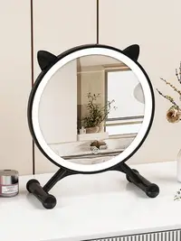 在飛比找Yahoo!奇摩拍賣優惠-貓耳化妝鏡可旋轉梳妝台桌面台式led帶燈圓鏡宿舍臥室梳妝台鏡
