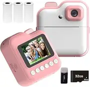 Camera Instant Thermal Printer 2.4 Inch Screen P Printer 48MP Rear Camera with Light Support r ing Video Recording Thermal INKL Printing with 3 Rolls White Print Paper+32G Pink 2