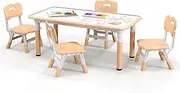 HONEY JOY Kids Table and 4 Chairs Set, Height Adjustable Toddler Desk & Chairs for 3+ Years, Arts Crafts Table w/Graffiti Desktop, Children Study Activity Table Set for Home, Daycare, School (Natural)