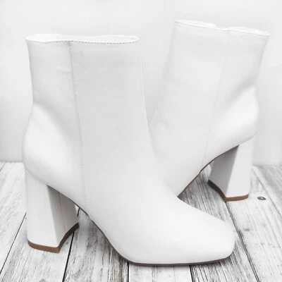 New Women White Pointed Toe Chunky Heel Ankle Boots Booties