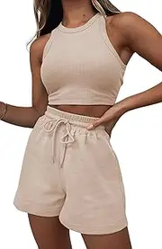 [Flechazo] Women's Two Piece Lounge Sets for Women-2 Piece Shorts Outfits Sets Cute Sleeveless Crop Top and Shorts Sweatsuits Loungewear