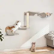 Cat Wall Furniture Shelves - 5 Pcs Wall-Mounted Cat Furniture, Including 2 Steps, 1 Perches, 1 Hammock, 1 Sisal Scratcher Post, DIY Playground for Large Cats