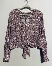 Pure Collection Top Womens 16 Purple Animal Print Tie Front Cropped Work Career