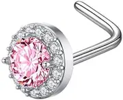 [Niaspi] 20G L-Shaped Pink CZ Nose Stud Rings Sparkling Rhinestone Round Disc Nose Ring Studs Hypoallergenic 316L Surgical Steel Nose Nostril Piercing Jewelry for Women