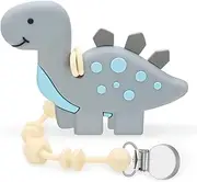 Baby Teething Toys for Babies 0-24 Months, Dinosaur Teether Pain Relief Toy with One Piece Design Pacifier Clip Holder Set, Freezer Safe Neutral Shower Boys and Girls (Gray)