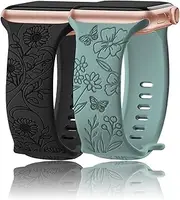 [MATCHEASY] Floral Engraved Silicone band Compatible with Apple Watch 40mm 41mm 38mm 42mm for Damen, Sport strap Compatible for iWatch Series Se 10 9 8 7 6 5 4 3 2 Ultra, 2 Packs