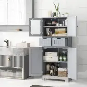 CostwayFloor Storage Cabinet with Glass Doors Drawers and Adjustable Shelves-Grey