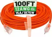 100 Ft Outdoor Extension Cord Waterproof Heavy Duty with Lighted Indicator End