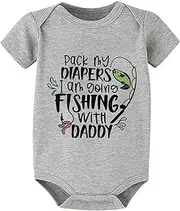 [WOOYONGING] Pack My Diapers I'm Going Fishing With Daddy Body Suit Baby Short Sleeve Neutral Newborn Baby Clothes White Boys R
