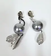 SKAGEN GRAY GRIGIO METAL BALL+CLEAR ACRYLIC PEAR SHAPE CHARM EARRINGS EA01693