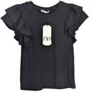 Zara Black Ribbed Ruffle Short Sleeve Cropped Frill Tshirt Top Au M fit S 8 10