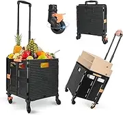Foldable Utility Cart Folding Portable Rolling Crate Handcart Handcart Shopping Trolley Wheel Box with Lid,360°Rotate Wheels,Heavy Duty Durable Dolly Cart for Teacher Tourist Shopping Office Outdoor