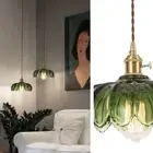 NEW West Elm Vintage Green Glass Hanging Gold Floral Pendant Light Fixture