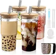 MOVNO Smoothie Mason Jar Cups with Lid And Straw, 22 oz Pack of 4 Reusable Boba Tea Drinking Jars Cup with Airtight Lids and Brush, Reusable Glass Tumbler with Sleeves for Iced Coffee,Milkshake, Gift