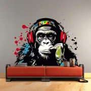 Music-Loving Monkey Wall Decal - Thoughtful Ape with Headphones Vinyl Sticker Ar