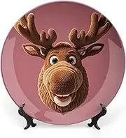 Funny Christmas Elk Head Ceramic Decorative Plates, Decorative Plates for Display, Boho Style Dinner Plate with Display Stand, China Plate for