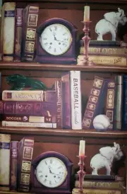 FAUX LIBRARY BOOKSHELF WITH CLOCKS & CANDLES PREPASTED VINYL WALLPAPER # FZ4359