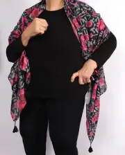 Demdaco Womens Tasseled Kimono Cover Up Wrap Shawl Scarf Red Black Floral NWT