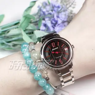 mono 海芋系列 格紋 數字圓錶 藍寶石水晶 女錶 防水手錶 不銹鋼 日期 C1192銀黑紅小