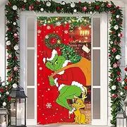Arosche Large Christmas Door Cover Decorations 6x2.9 Ft Red Christmas Tree Snowflakes Merry Christmas Backdrop Funny Xmas Hanging Background for Indoor Outdoor Door Banner Party Supplies