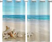 ALALAL Beach Curtains for Kitchen Window, Summer Starfish Seashell Beach Bathroom Curtains, Grommet Waterproof Short Window Curtains for Bathroom, Laundry, Living Room, Bedroom 26 x 39 inch - 2 Panels