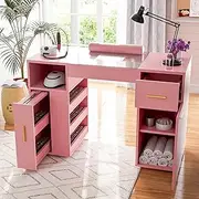 ADVWIN Manicure Table, Nail Tech Desk with Dust Collector, Glass Top Nail Table Station with Dust Bag & Wrist Rest, Beauty Salon Workstation w/Drawers Shelves Storage Cabinet, Lockable Wheels (Pink)