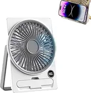 Ultra Slim Card USb Rechargeable Mini Fan, 2025 New Ultra-Quiet Portable Fan with Phone Holder, 180° Tilt Folding, 6 Speeds Strong Wind, LCD Digital Display, for Bedroom Desktop Office (White)