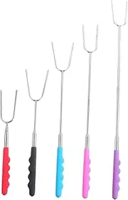 CIMAXIC 5Pcs Extendable Stainless Steel Roasting Skewers Forks for Camping BBQ Durable Outdoor Cooking Accessories with Storage Bag for Marshmallow Roasting