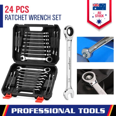 24-Piece Ratcheting Spanner Set Metric SAE Combination Wrenches Set Organizer