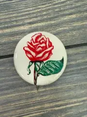 Vintage Red Rose Round Metal Pinback Button 2.25” With Green Leaf Design On Whit
