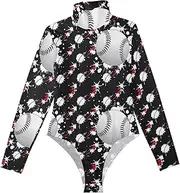[voucong] Black Baseball Fire Sports long sleeve Work Bodysuits for Women Bodysuit Shapewear Tummy Control Cute Tops for Women Going Out High-Neck Medium size, Black Baseball Fire Sports