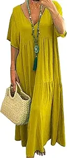[Generic] Womens Plus Size Dresses V Neck Maternity Loose Ankle Length Dress Baggy Flowy Cotton Linen Maxi Dresses
