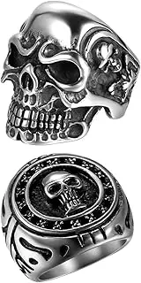 [OIDEA] 2Pcs Bikers Stainless Steel Gothic Skulls Ring,Black Silver, Size 8-15