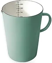 Enamel Measuring Cup, Coffee Milk Frothing Pitcher Cup with Anti-scalding Wooden Handle, Baking Measuring Tool for Coffee Shop Kitchen, 1000ml Capacity(Color:Green)