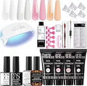 THR3E STROKES Poly Nail Extension Gel Kit with UV LED Lamp, Nail Primer & Dehydrator, Slip Solution, Dual-Form Tips & Manicure Tools – Long-Lasting DIY Nail Art Kit for Salon-Quality Extensions (24