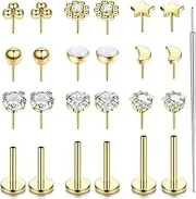 [Kakonia] 20G 18G 16G Threadless Nose Studs Rings for Women Men 316L Surgical Steel Push in Flat Back Earrings CZ Lip Labret Nose Rings Studs Cartilage Helix Conch Medusa Nostril Tragus Piercing Jewelry 6mm 8mm 10mm Length