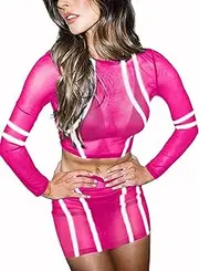 [Ella Lust] Reflective Rave Outfits for Women - EDC Sexy Festival Sheer Mesh Y2K Crop Top Long Sleeve Ultra Short Skirt 2Pc Set