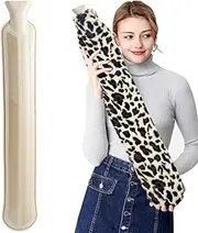 Long Hot Water Bottle with Cover, 2L Leak-Proof Warm Waist Warm Back Hot Water Bottle Super Soft Fabric Sleeve Cover 72 cm Foldable for Women Pain Relief Menstrual Cramps Hot and Cold Therapy (Leopard print with Plush Hand Cover)