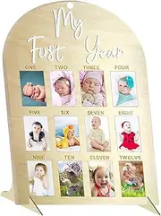 One Year Birthday Wooden Picture Frame, Baby's First Twelve Months Photo Collage and Gender Neutral Keepsake, New Mom Keepsake Gift and Nursery Decor - With Stand