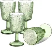 [HZIYOU] Vintage Green Wine Glasses Set of 4, 11 oz Colored Glass Drinkware Sets, Embossed Floral Pattern Non-Slip, Unique Vintage Glasses Drinking, Goblet Glasses, Wedding, Party, Bar, Dinner (Green)