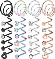 [Yaalozei] 18g 20g 22g Nose Rings Studs L Shape Screw Nose Stud Surgical Stainless Steel Nose Rings Hoop Diamond Heart Hypoallergenic Nostril Nose Piercing Jewelry for Women Men Silver Rose Gold Black Rainbow