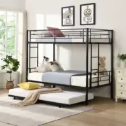 Bunk Bed Frame Metal Twin Over Twin Beds with Trundle Ladder Guardrail US Stock