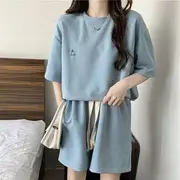 Set: Short-Sleeve Crew Neck Print Tee + Drawstring Waist Sweat Shorts Blue - M