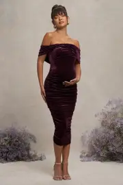Alyssa | Port Velvet Maternity Bardot Bow Maternity Midi Dress with Ruching