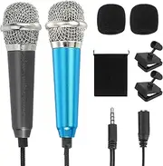 uxcell 2Pcs Mini Microphone, Mic Tiny Microphone with Sponge Cover, Holder and Drawstring Bag Portable for Karaoke Voice Video Recording Singing (Black/Blue)