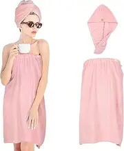 TOCOHO Women Microfiber Bath Wrap Towel and Hair Drying Towel - Adjustable Soft Body Wraps Dress with Hair Towel, Super Absorbent to Quick Drying Hair and Body (Pink)