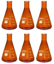 Eisco 500ml Erlenmeyer Flask, Narrow Neck - Amber Borosilicate Glass - 6 Pack