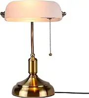 OIJVRHN Retro Desk Lamp Traditional Style Banker's Lamp Reading Table Lamp Bedside Lamp with Pull Line Switch White Glass Shade for Living Room Office Study