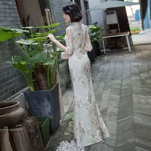 改良旗袍2023新款洋裝高級長款中國風魚尾晚禮服優雅走秀表演服
