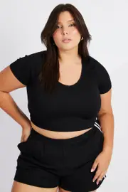 Black T-shirt Short Sleeve V-Neck Seamless